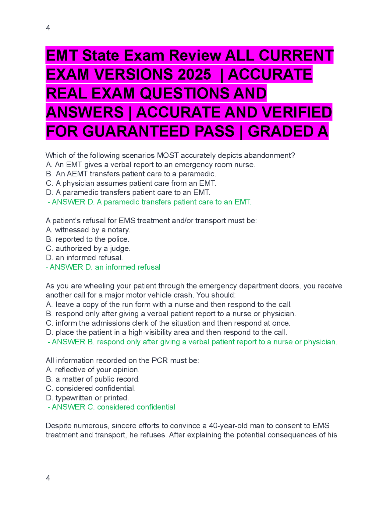 EMT State Exam Review ALL CURRENT EXAM VERSIONS 2025 | ACCURATE REAL ...