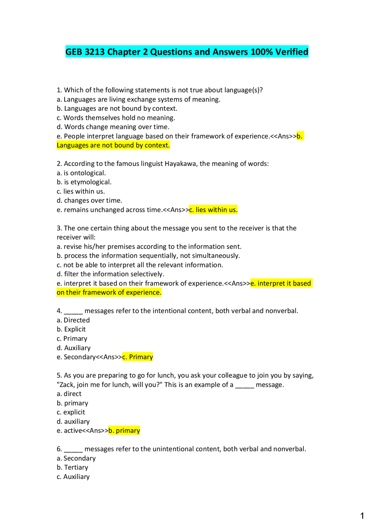 GEB 3213 Chapter 2 Questions and Answers 100% Verified 1. Which of the ...