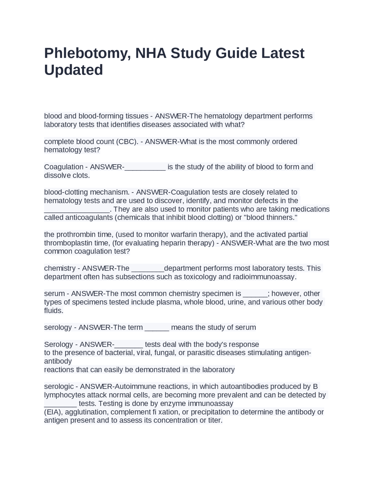 Phlebotomy, NHA Study Guide Latest Updated | Exams Advanced Education ...