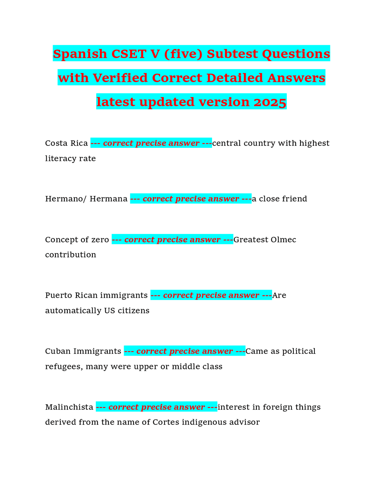 Spanish Cset V Five Subtest Questions With Verified Correct Detailed