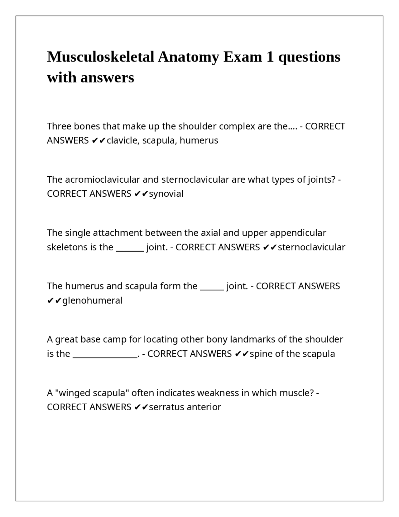 Musculoskeletal Anatomy Exam 1 questions with answers | Exams Anatomy ...