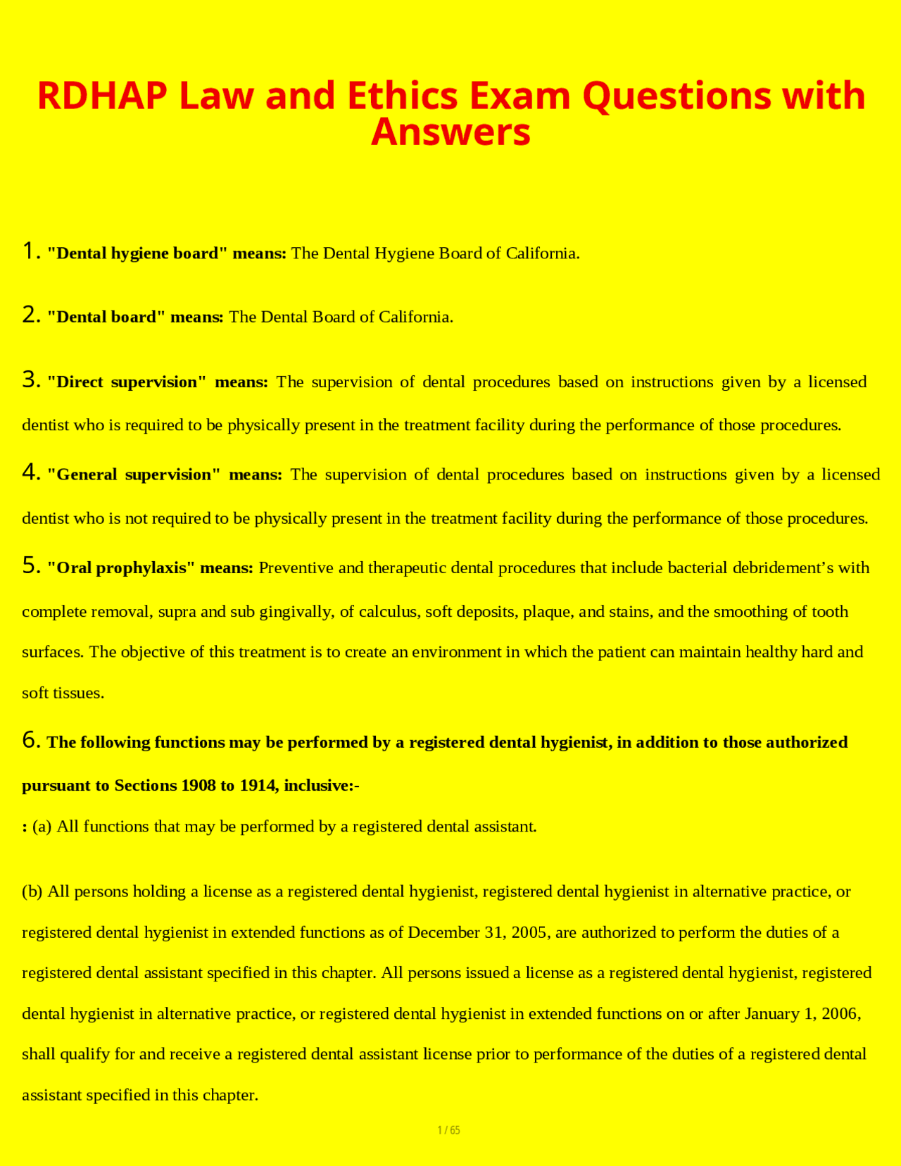 RDHAP Law and Ethics Exam Questions and Answers | Exams Dentistry | Docsity
