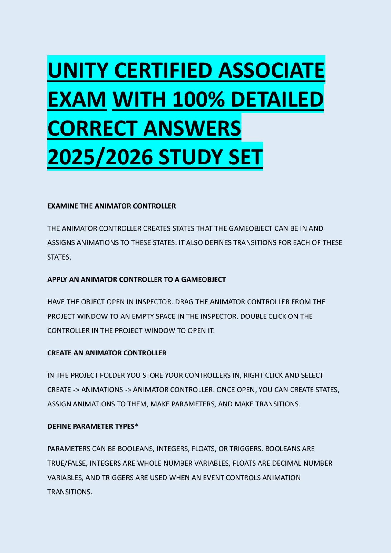 UNITY CERTIFIED ASSOCIATE EXAM WITH 100% DETAILED CORRECT ANSWERS 2025/ ...