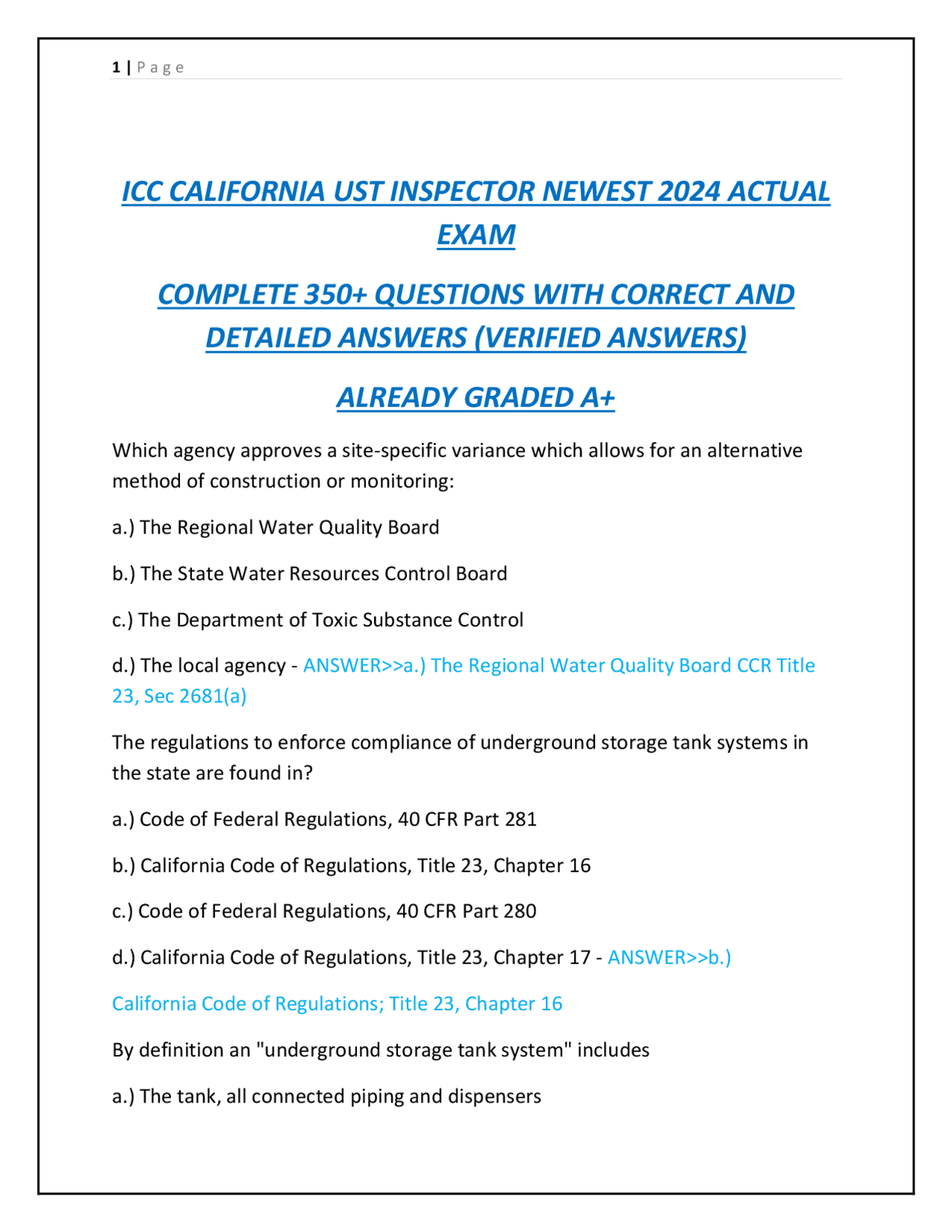 ICC CALIFORNIA UST INSPECTOR NEWEST 2024 ACTUAL EXAM COMPLETE 350 ...