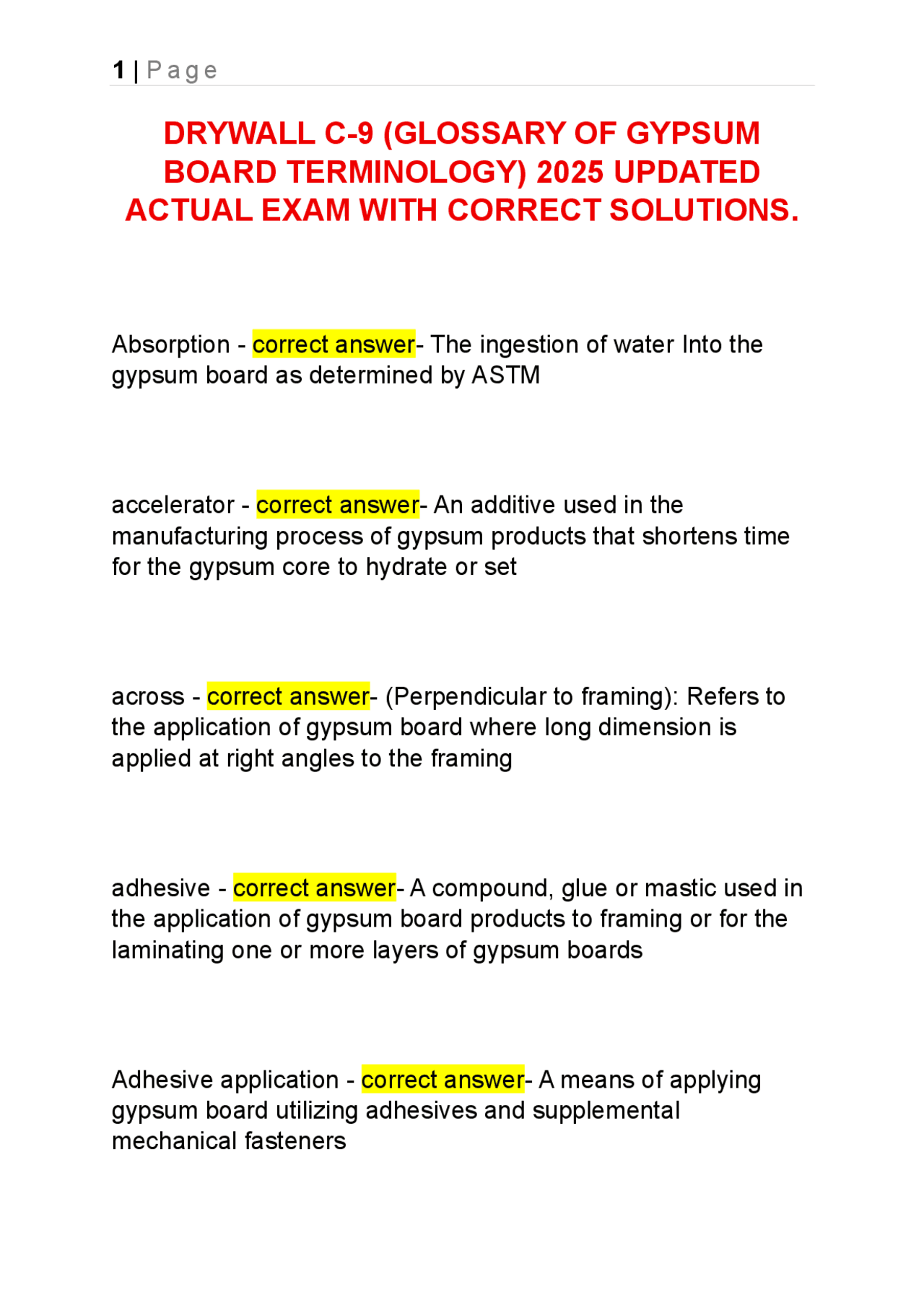 DRYWALL C-9 (GLOSSARY OF GYPSUM BOARD TERMINOLOGY) 2025 UPDATED ACTUAL ...