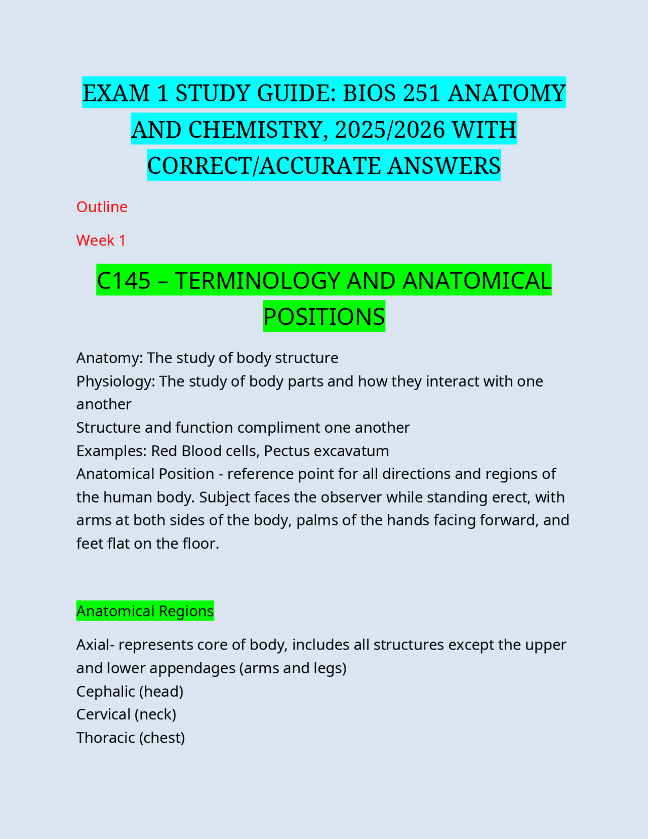 EXAM 1 STUDY GUIDE: BIOS 251 ANATOMY AND CHEMISTRY, 2025/2026 WITH ...
