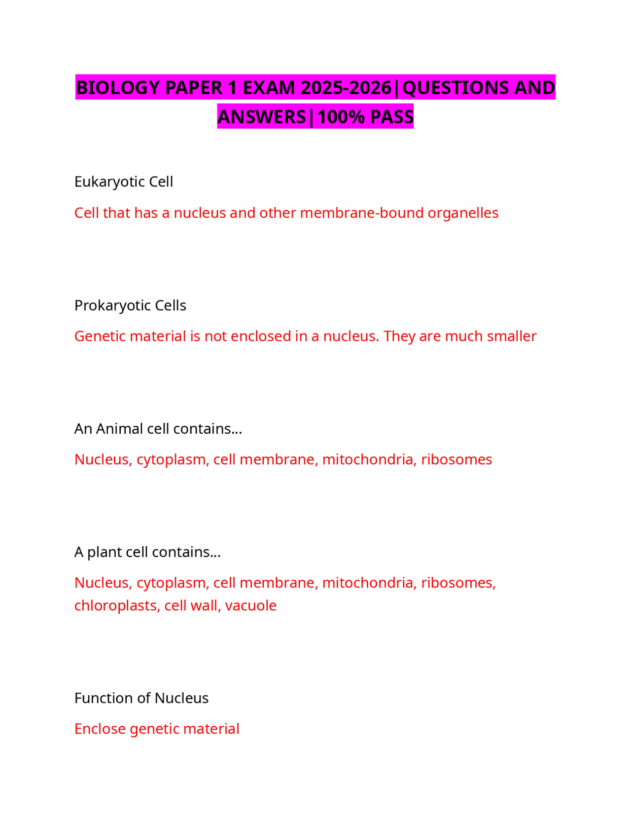 BIOLOGY PAPER 1 EXAM 2025-2026|QUESTIONS AND ANSWERS|100% PASS | Exams ...