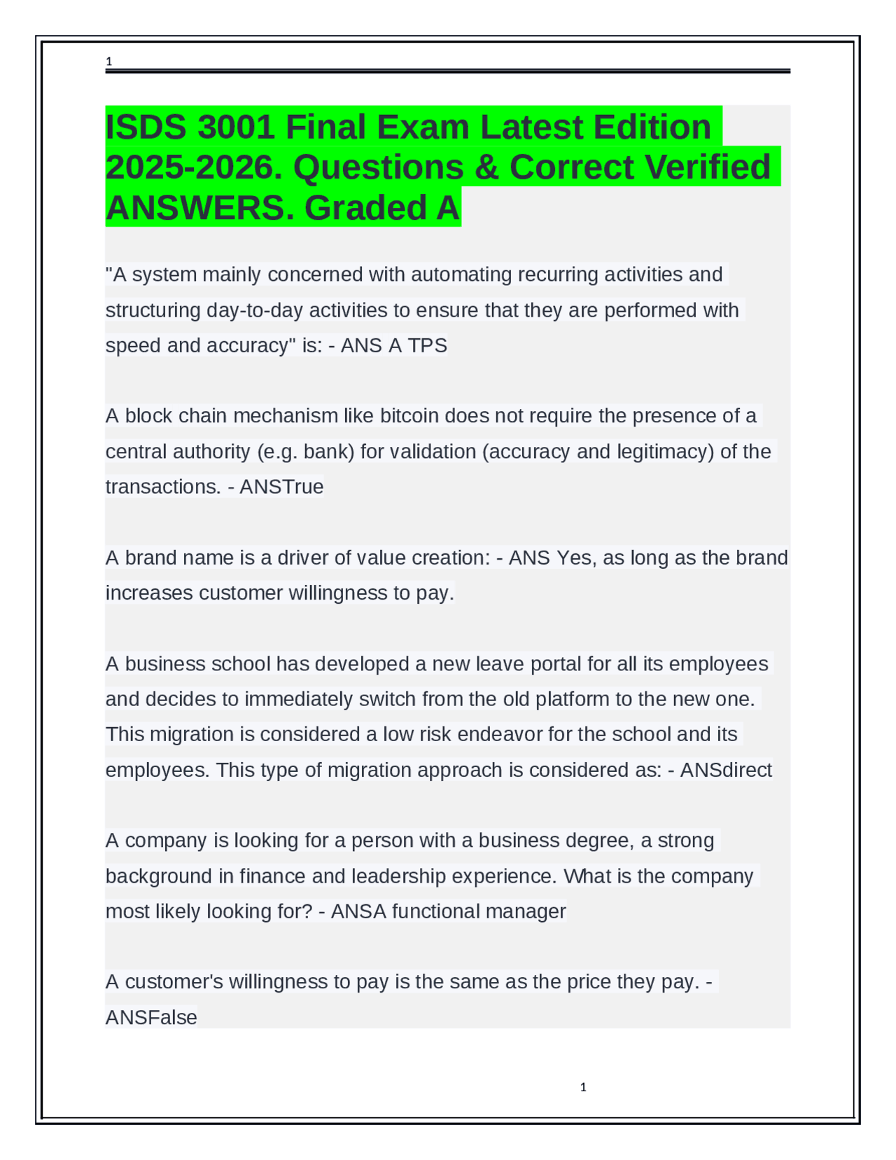ISDS 3001 Final Exam: Questions and Answers 2025-2026 | Exams Business ...