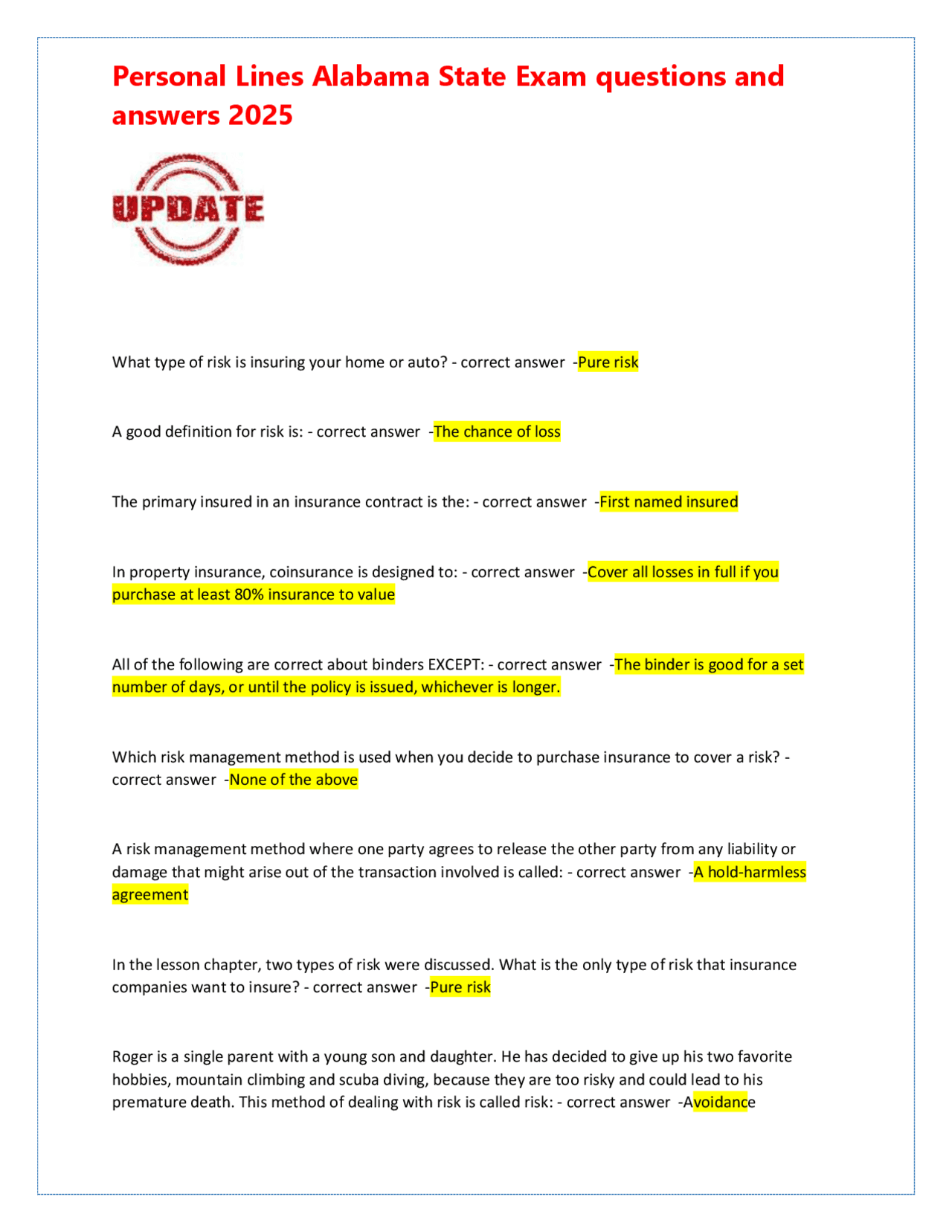 Personal Lines Alabama State Exam questions and answers | Exams ...
