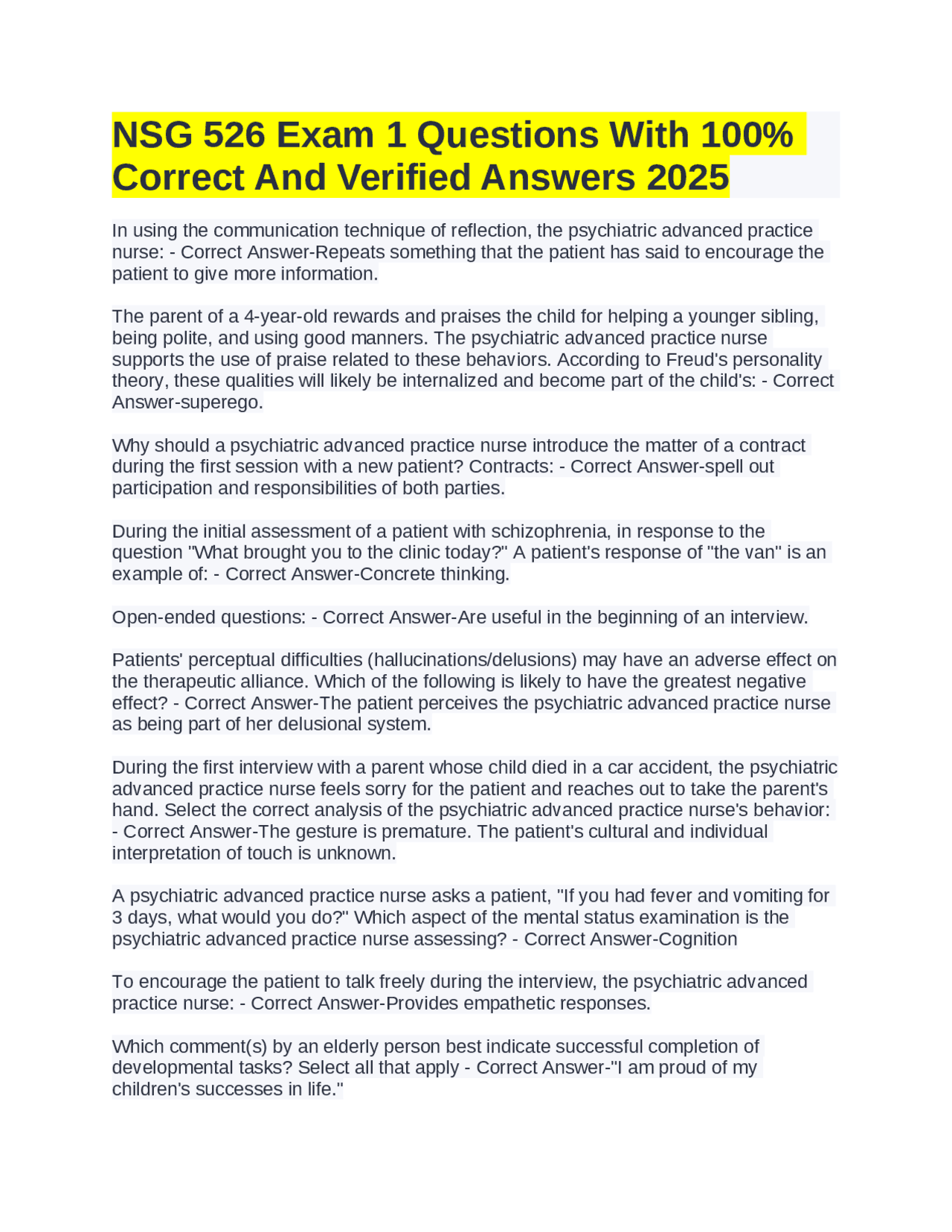 NSG 526 Exam 1 Questions With 100% Correct And Verified Answers 2025 ...
