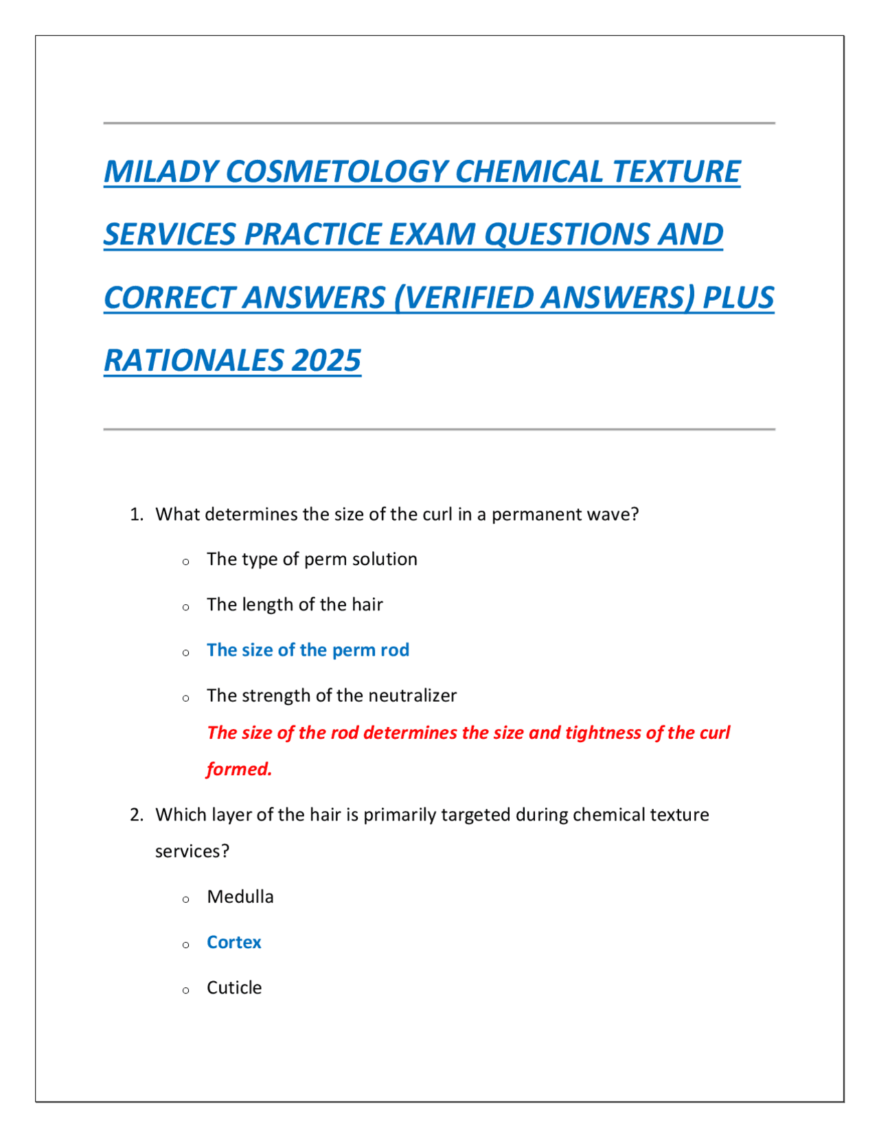 MILADY COSMETOLOGY CHEMICAL TEXTURE SERVICES PRACTICE EXAM QUESTIONS ...