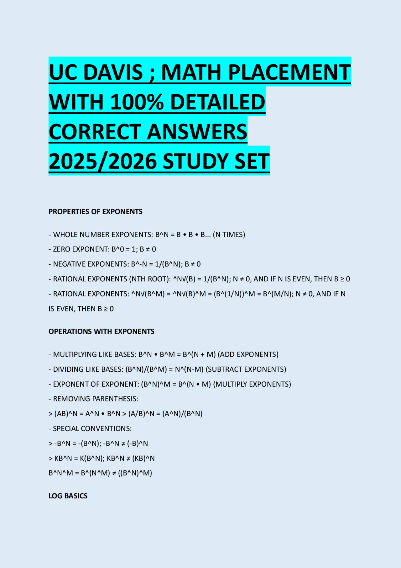 UC DAVIS ; MATH PLACEMENT WITH 100 DETAILED CORRECT ANSWERS 2025/2026