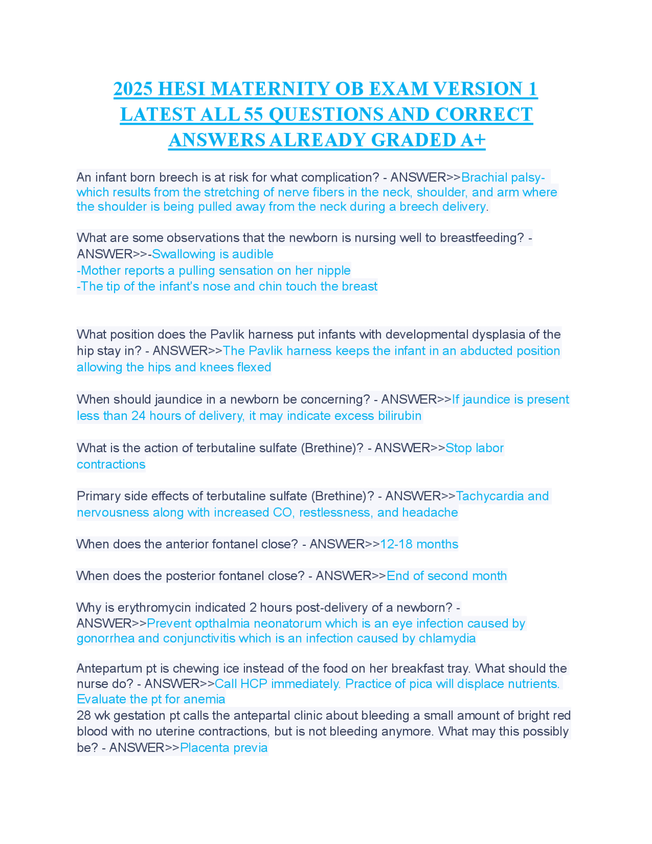 2025 HESI MATERNITY OB EXAM VERSION 1 LATEST ALL 55 QUESTIONS AND ...