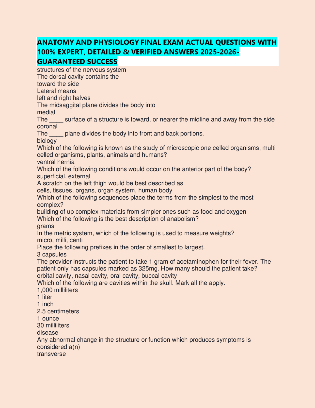 ANATOMY AND PHYSIOLOGY FINAL EXAM ACTUAL QUESTIONS WITH 100% EXPERT ...