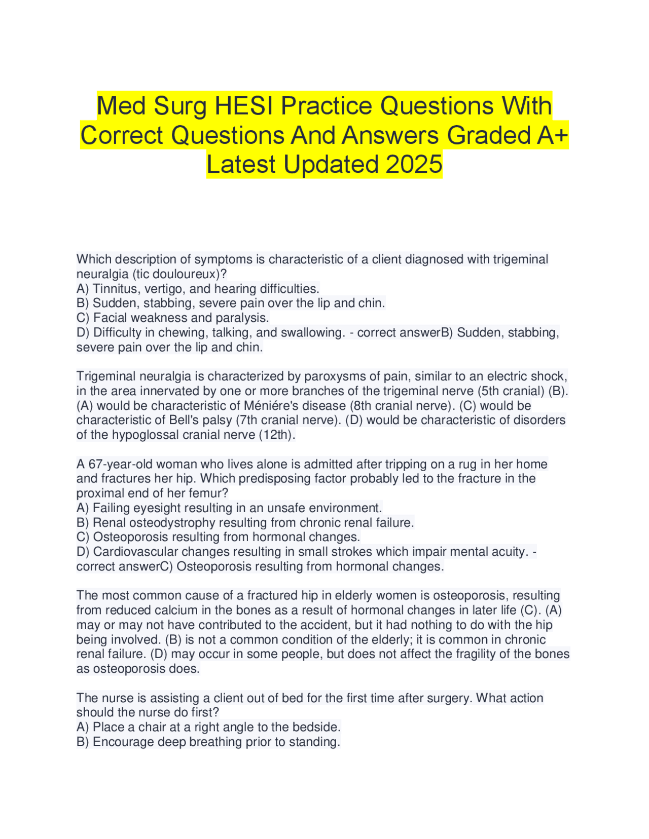 Med Surg HESI Practice Questions With Correct Questions And Answers ...