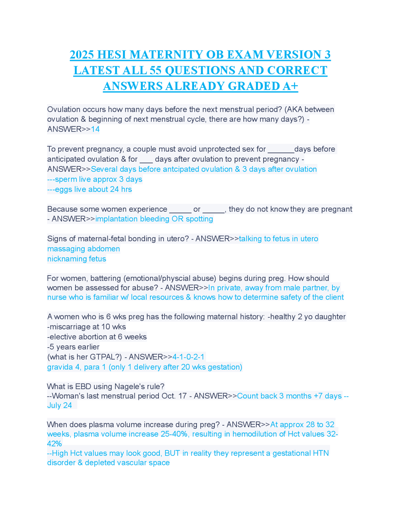 2025 HESI MATERNITY OB EXAM VERSION 3 LATEST ALL 55 QUESTIONS AND ...