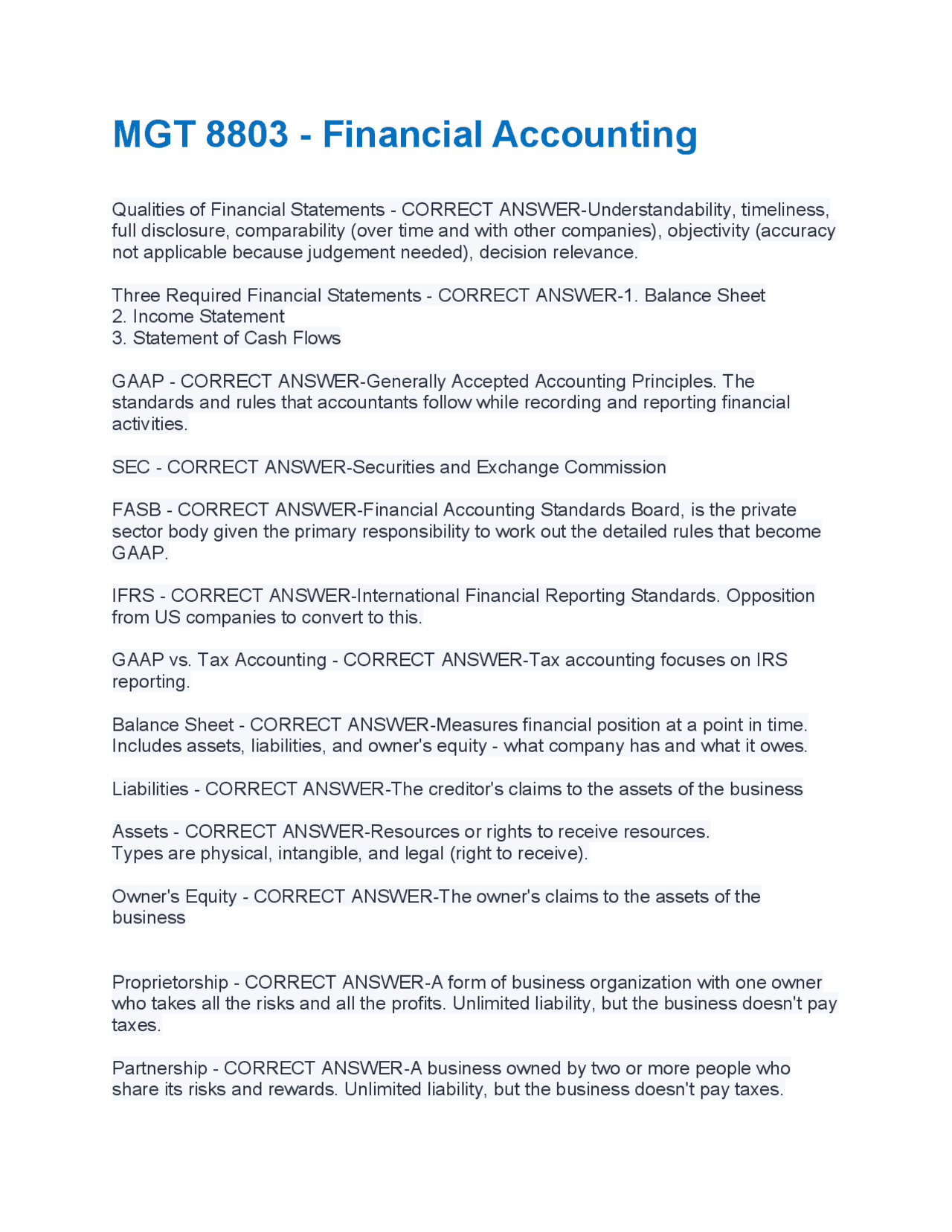 MGT 8803 - Financial Accounting | Questions and Answers | 2025 Update ...
