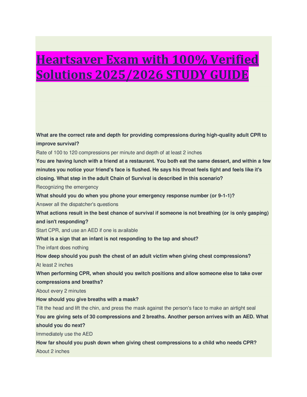 Heartsaver Exam Study Guide: CPR & First Aid Solutions 2025/2026 ...