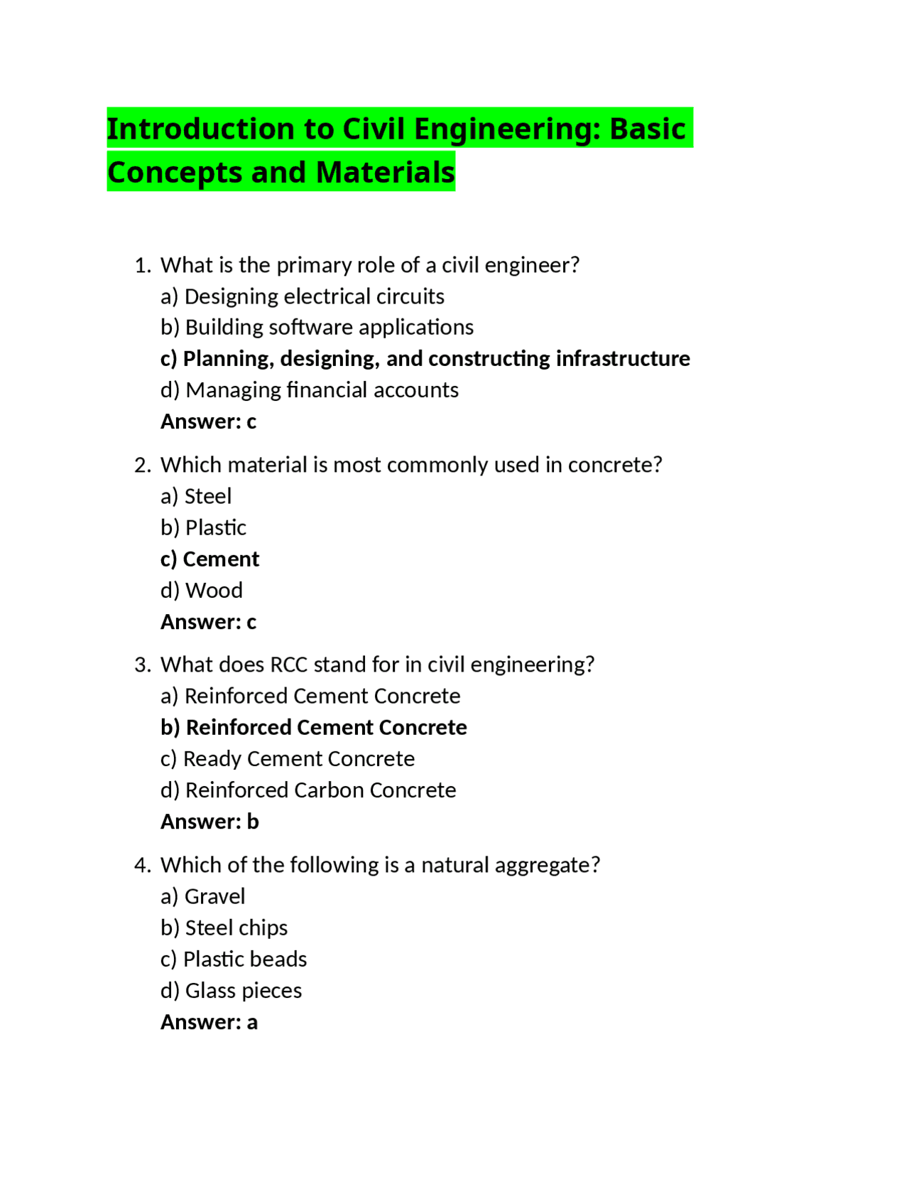 Introduction to Civil Engineering: Basic Concepts and Materials | Exams ...