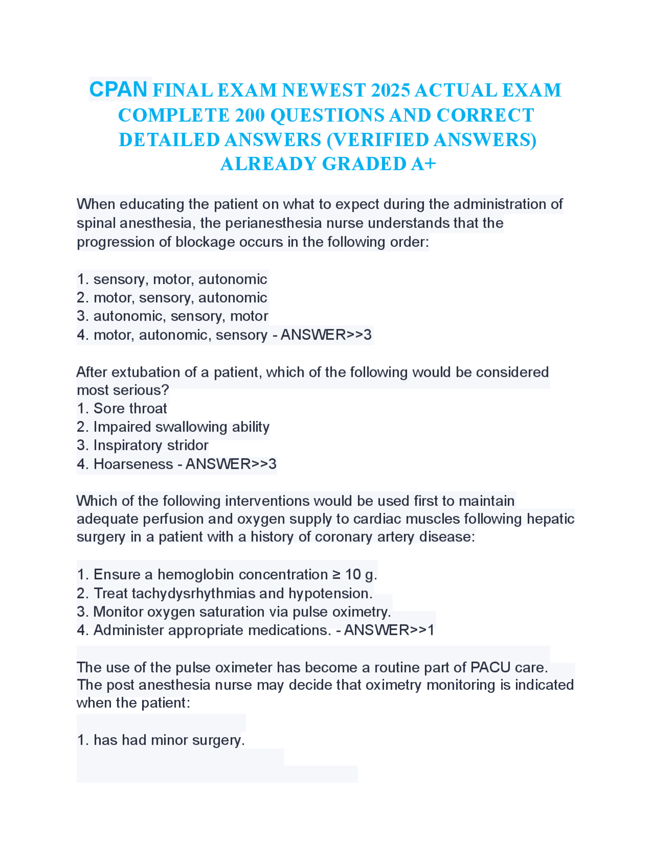CPAN Perianesthesia Nursing Exam: 200 Questions & Verified Answers ...
