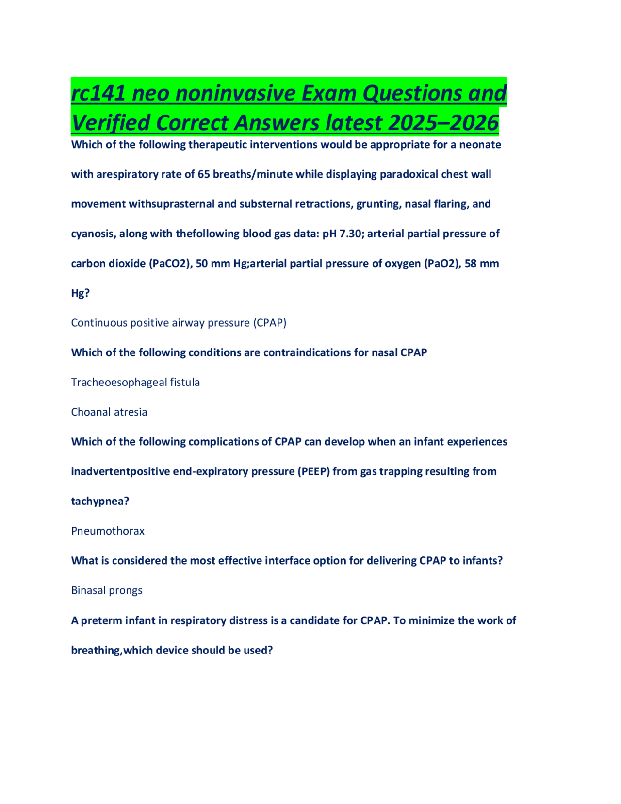 Non Invasive Question Mean rc141 neo noninvasive Exam Questions and Verified Correct Answers ...