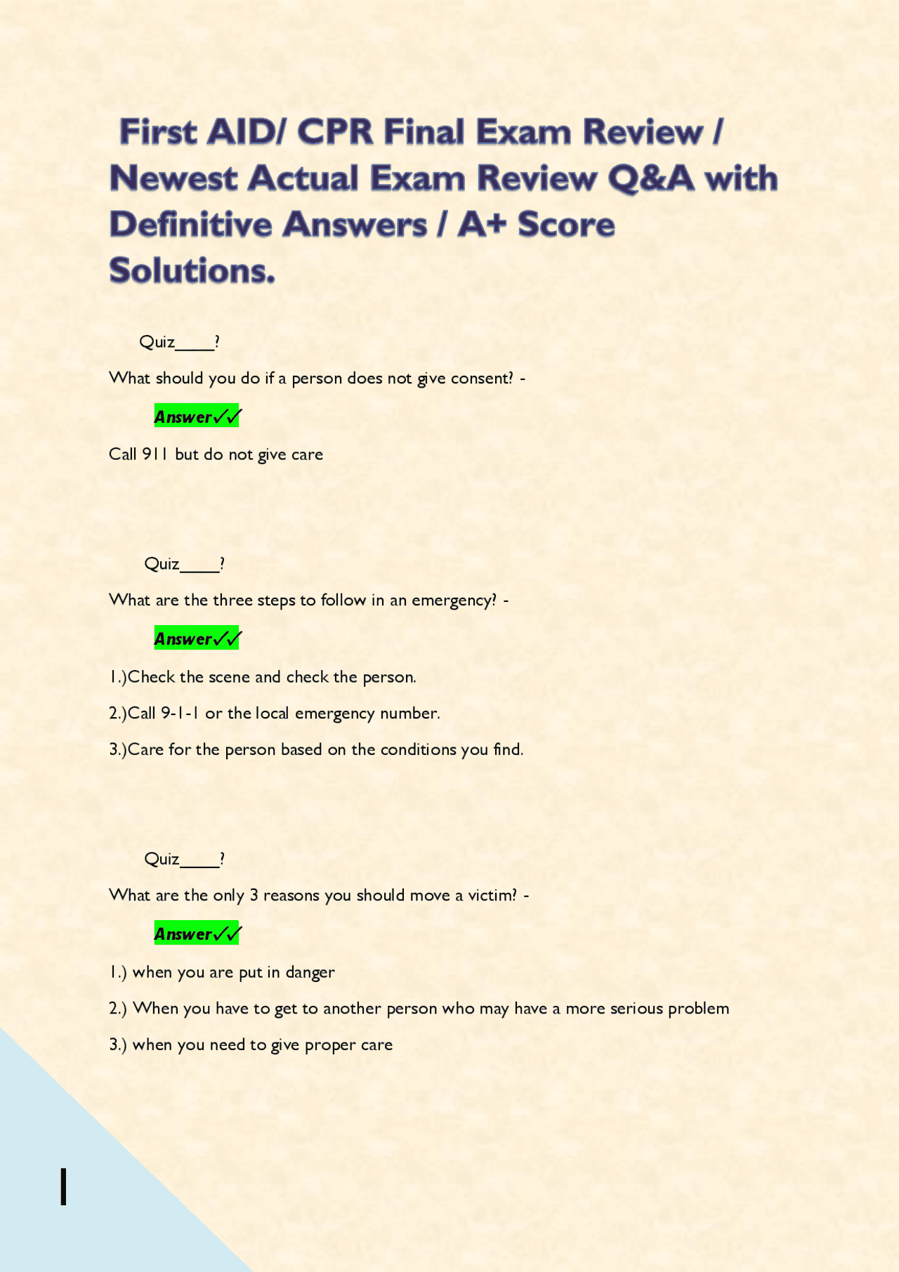 First AID/ CPR Final Exam Review / Newest Actual Exam Review Q&A with ...