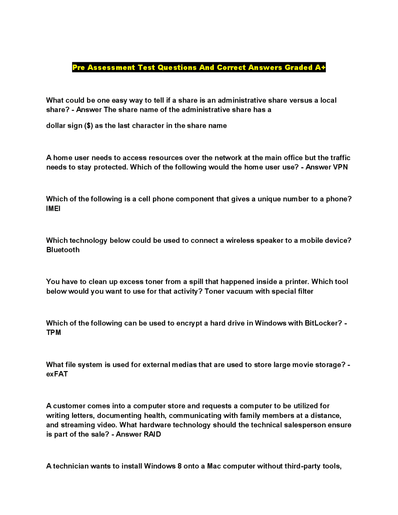 Pre Assessment Test Questions And Correct Answers Graded A+ | Exams ...