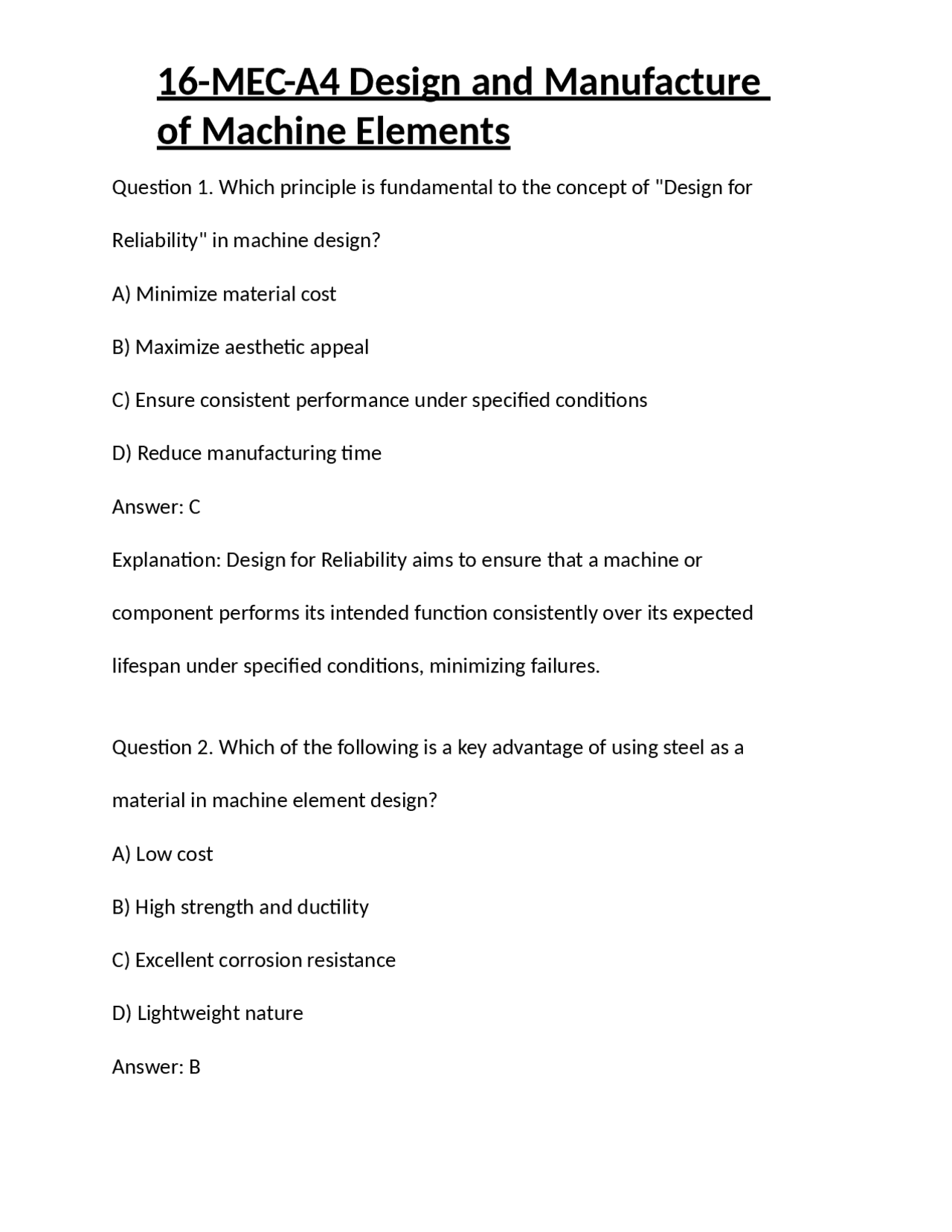 16-MEC-A4 Design and Manufacture of Machine Elements | Exams Technology ...