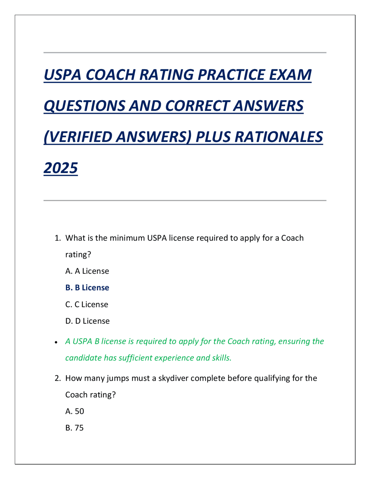 USPA COACH RATING PRACTICE EXAM QUESTIONS AND CORRECT ANSWERS (VERIFIED ...
