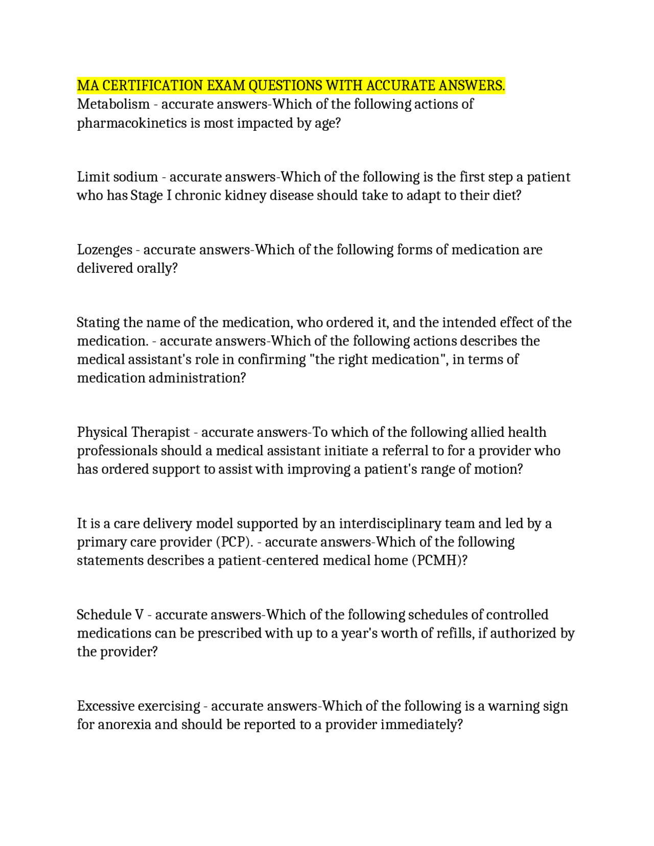 MA CERTIFICATION EXAM QUESTIONS WITH ACCURATE ANSWERS. | Exams Health ...