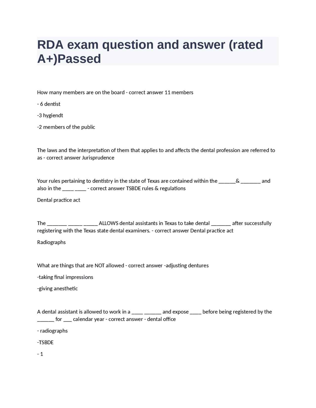 RDA exam question and answer.docx | Exams Nursing | Docsity