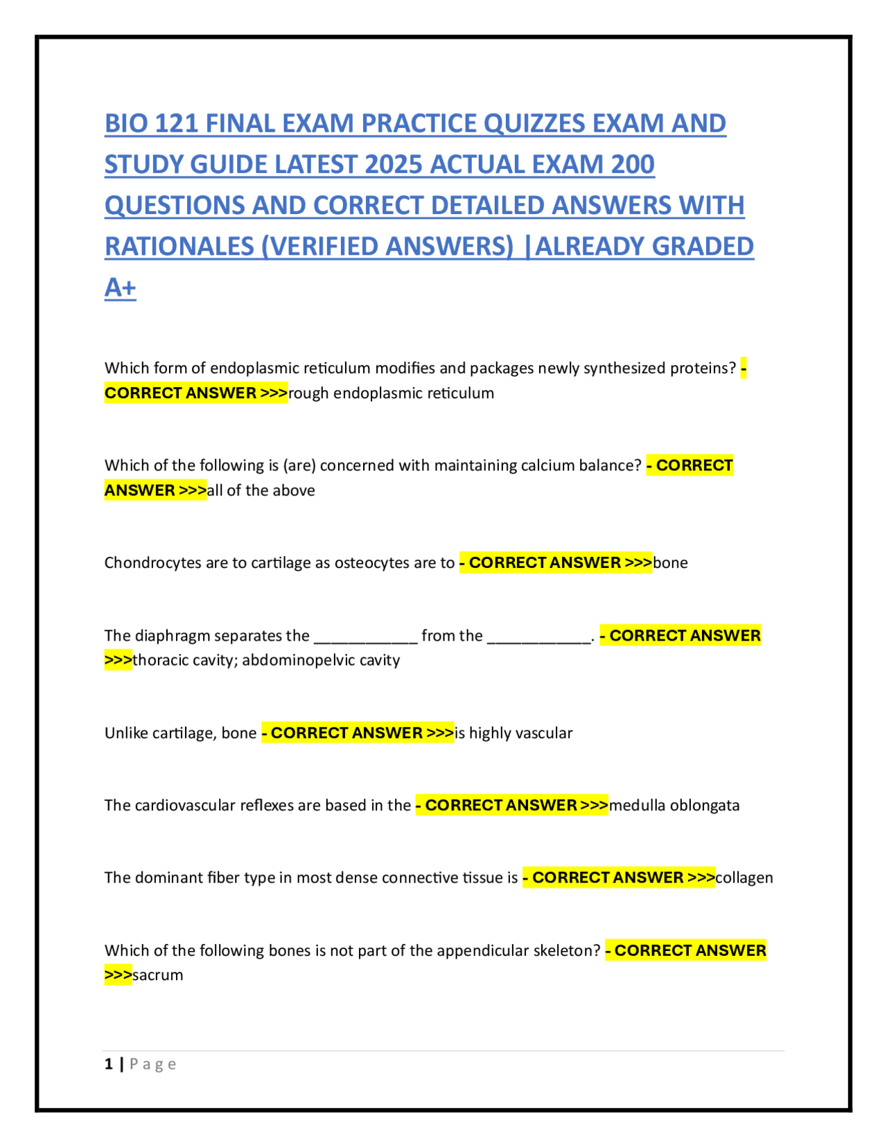 BIO 121 FINAL EXAM PRACTICE QUIZZES EXAM AND STUDY GUIDE LATEST 2025 ...