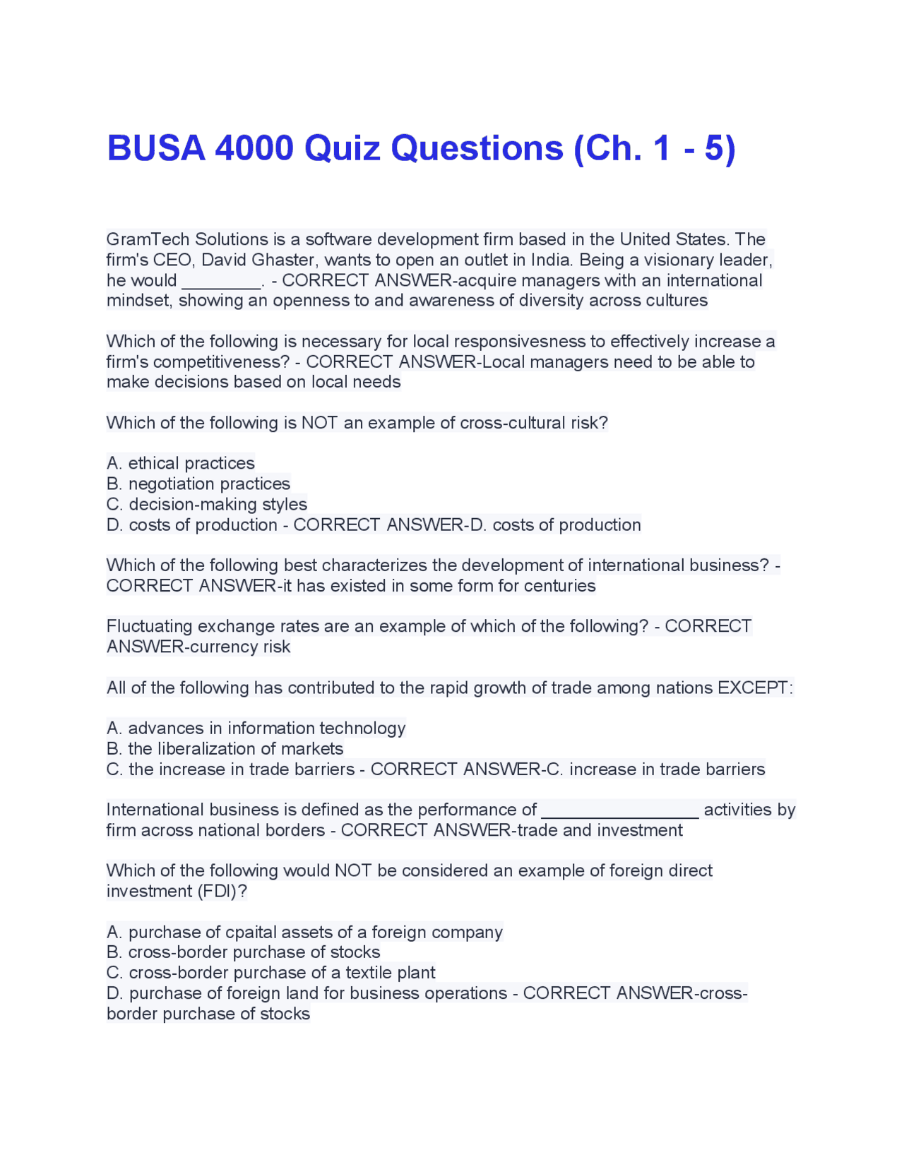 BUSA 4000 Quiz Questions (Ch. 1 - 5) | Questions with 100 % Correct ...