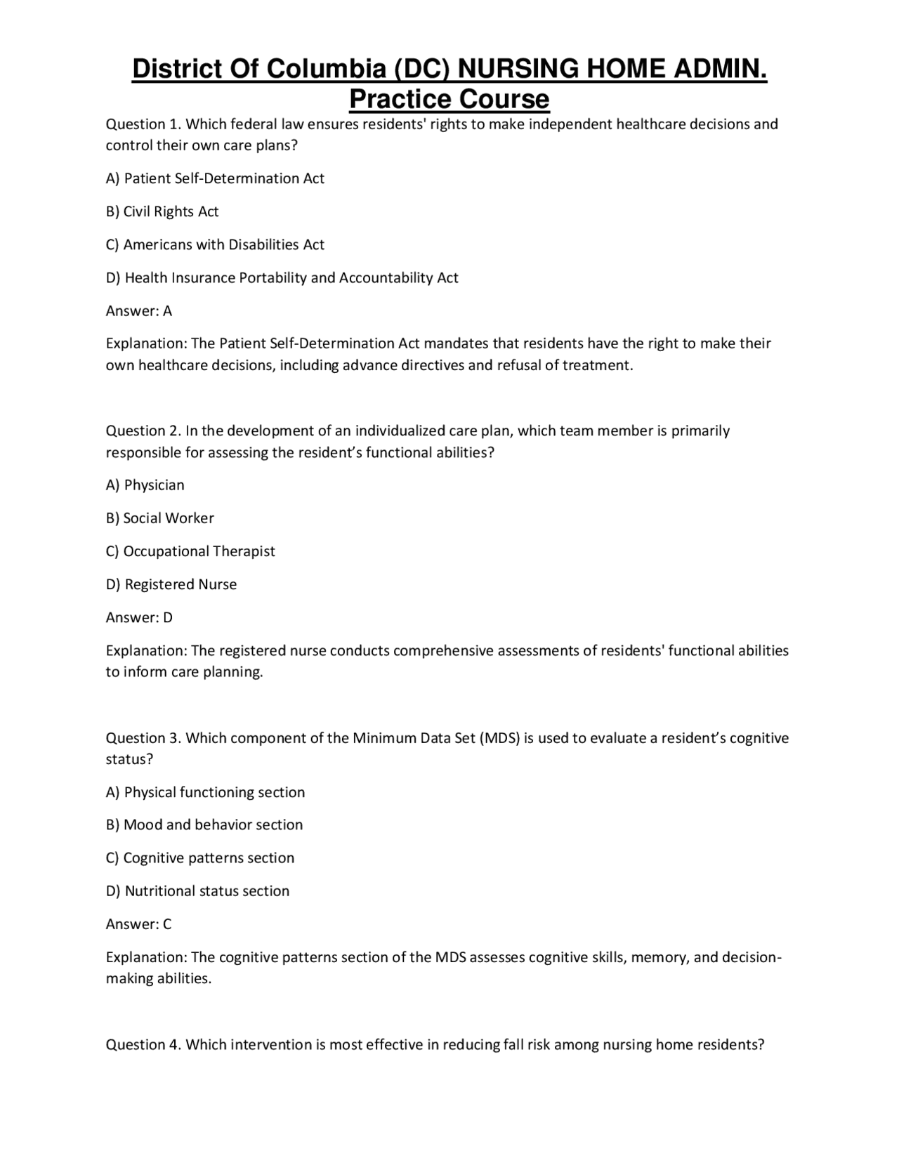 Advance District Of Columbia (DC) NURSING HOME ADMIN. Exam | Exams ...