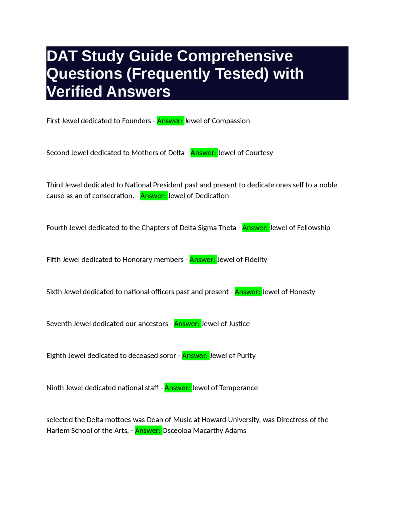 DAT Study Guide Comprehensive Questions (Frequently Tested) and ...