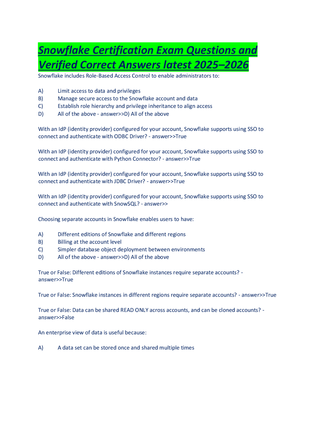 Snowflake Certification Exam Questions and Verified Correct Answers latest 2025–2026.pdf | Exams ...