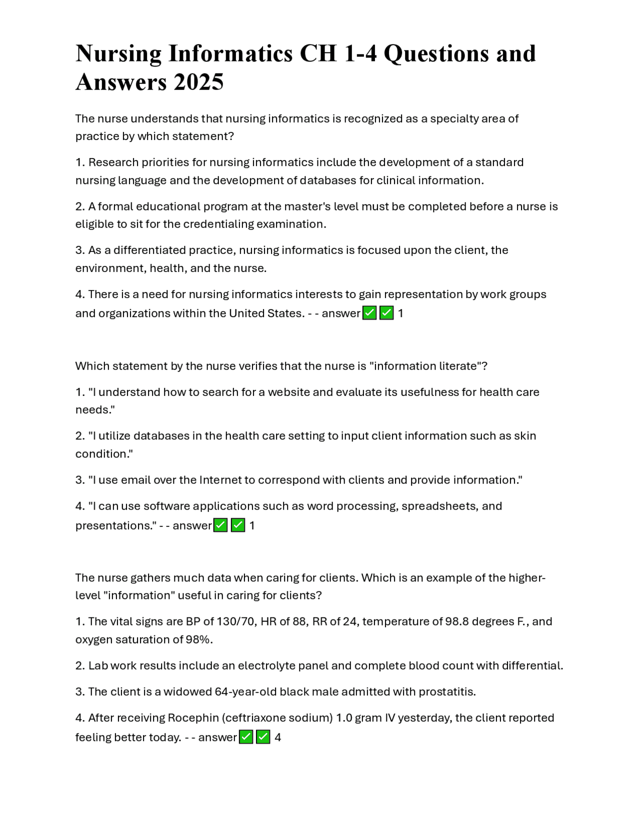 Nursing Informatics CH 1-4 Questions and Answers 2025 | Exams Nursing ...