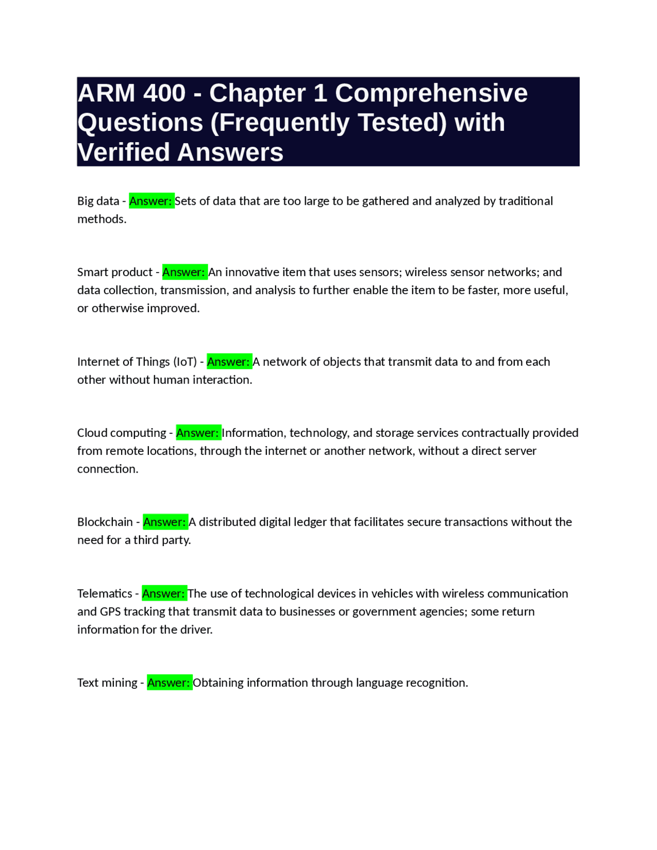 ARM 400 - Chapter 1 Comprehensive Questions (Frequently Tested) with ...