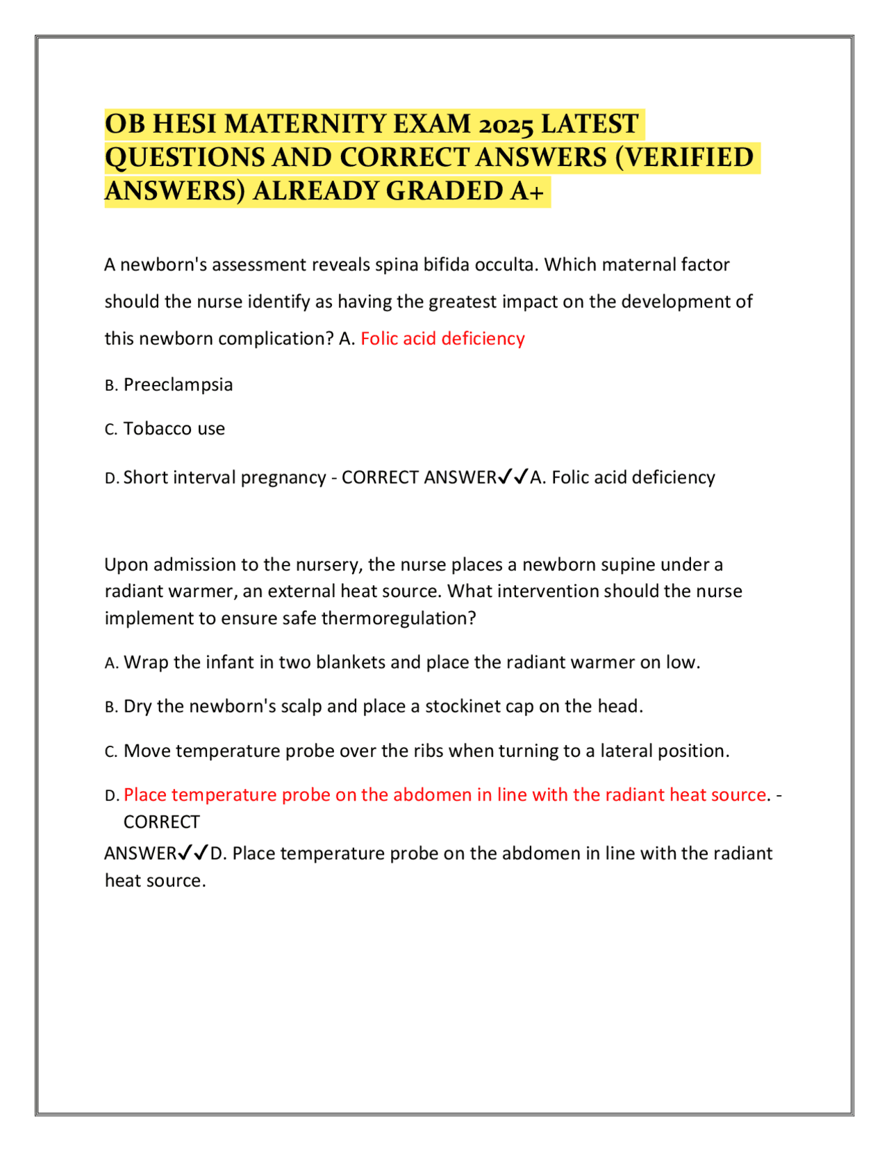 OB HESI MATERNITY EXAM 2025 LATEST QUESTIONS AND CORRECT ANSWERS ...