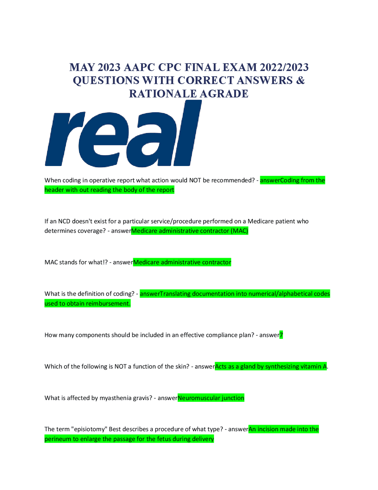 MAY 2023 AAPC CPC FINAL EXAM 2022/2023 QUESTIONS WITH CORRECT ANSWERS ...