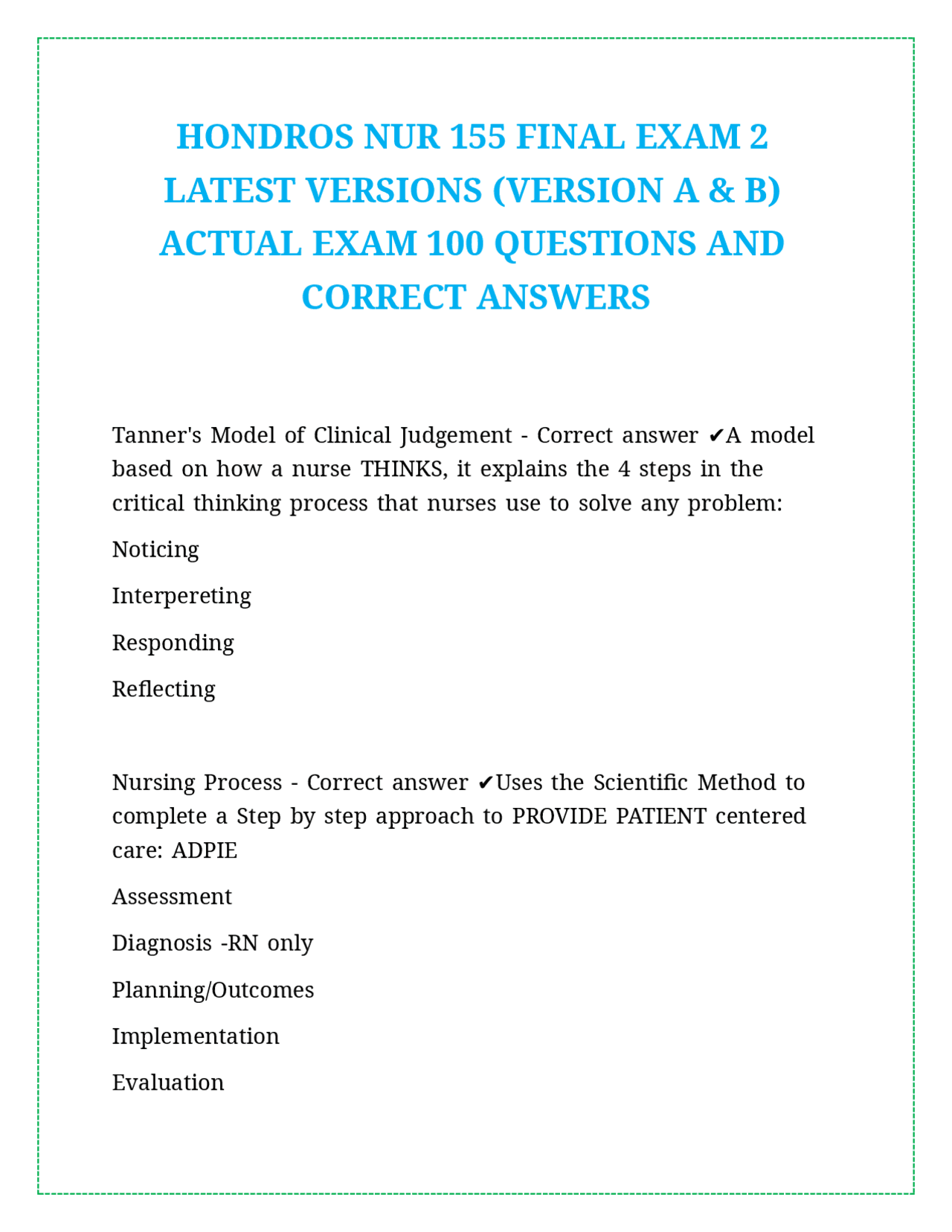 HONDROS NUR 155 FINAL EXAM 2 LATEST VERSIONS (VERSION A & B) ACTUAL ...