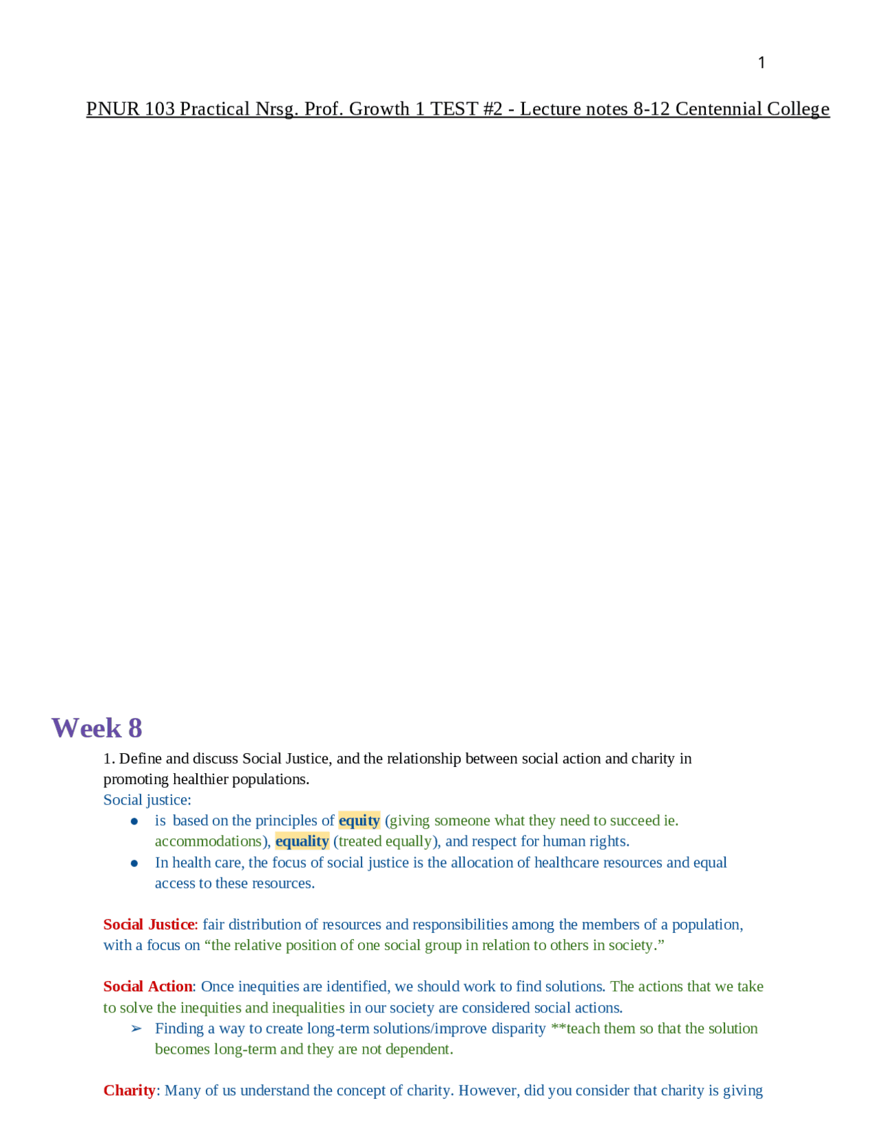 PNUR 103 Practical Nrsg. Prof. Growth 1 TEST #2 - Lecture notes 8-12 ...