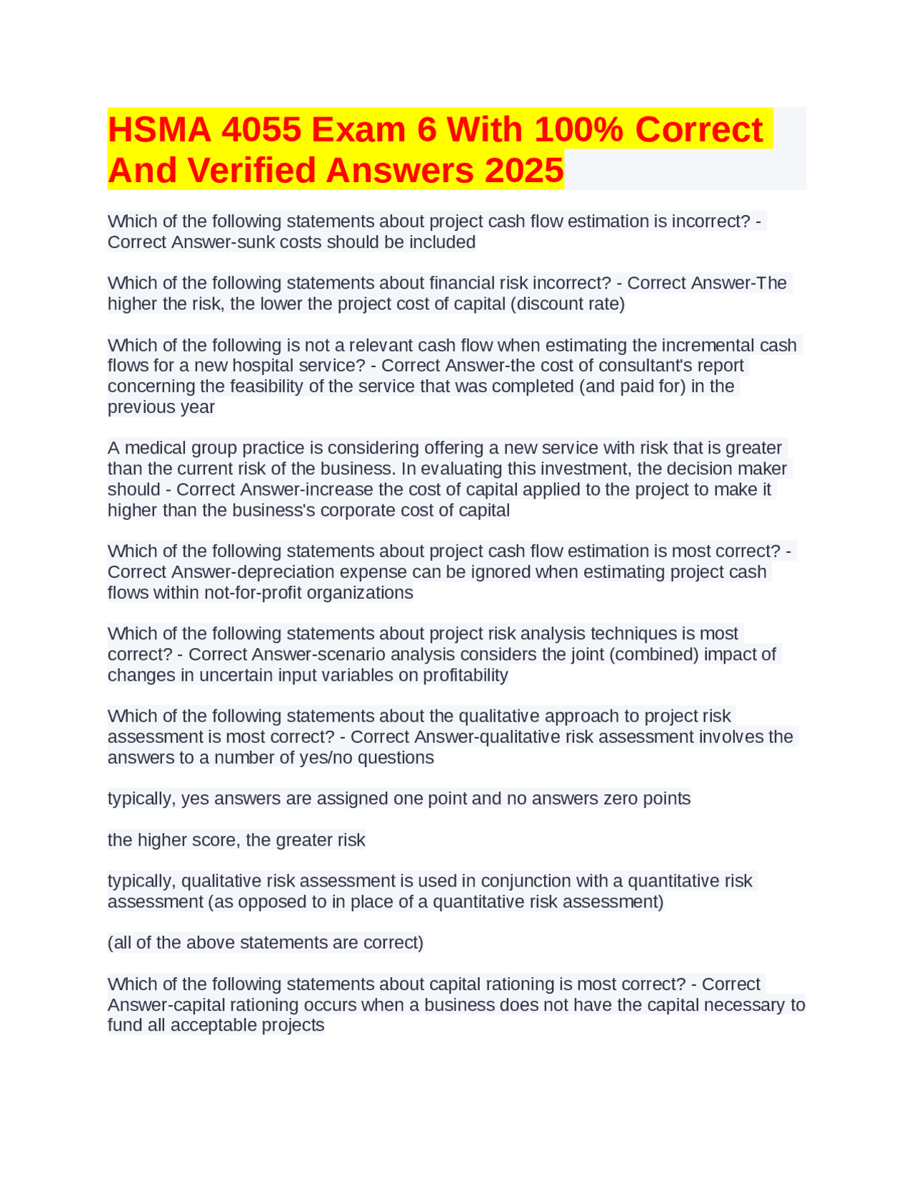 HSMA 4055 Exam 6 With 100% Correct And Verified Answers 2025 | Exams ...