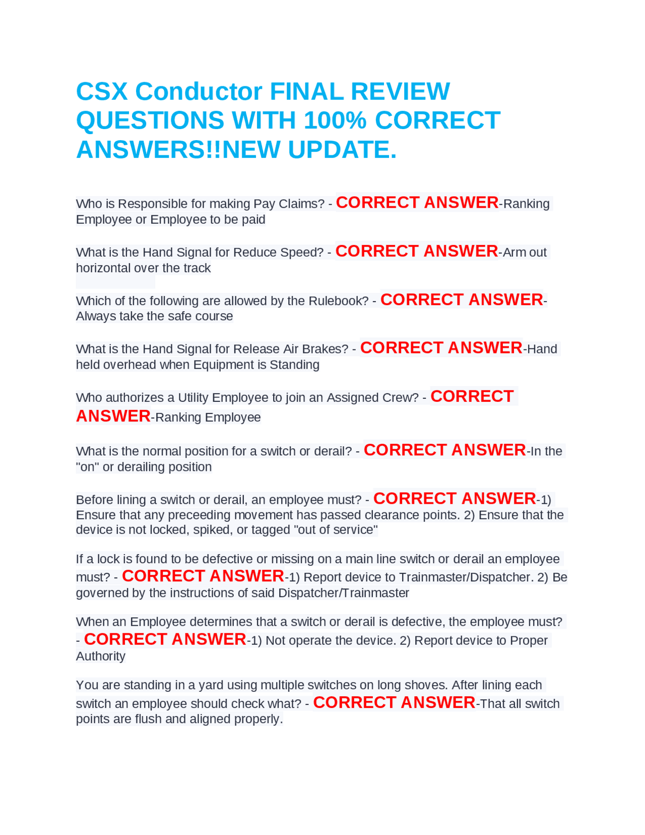 CSX Conductor FINAL REVIEW QUESTIONS WITH 100% CORRECT ANSWERS!!NEW ...