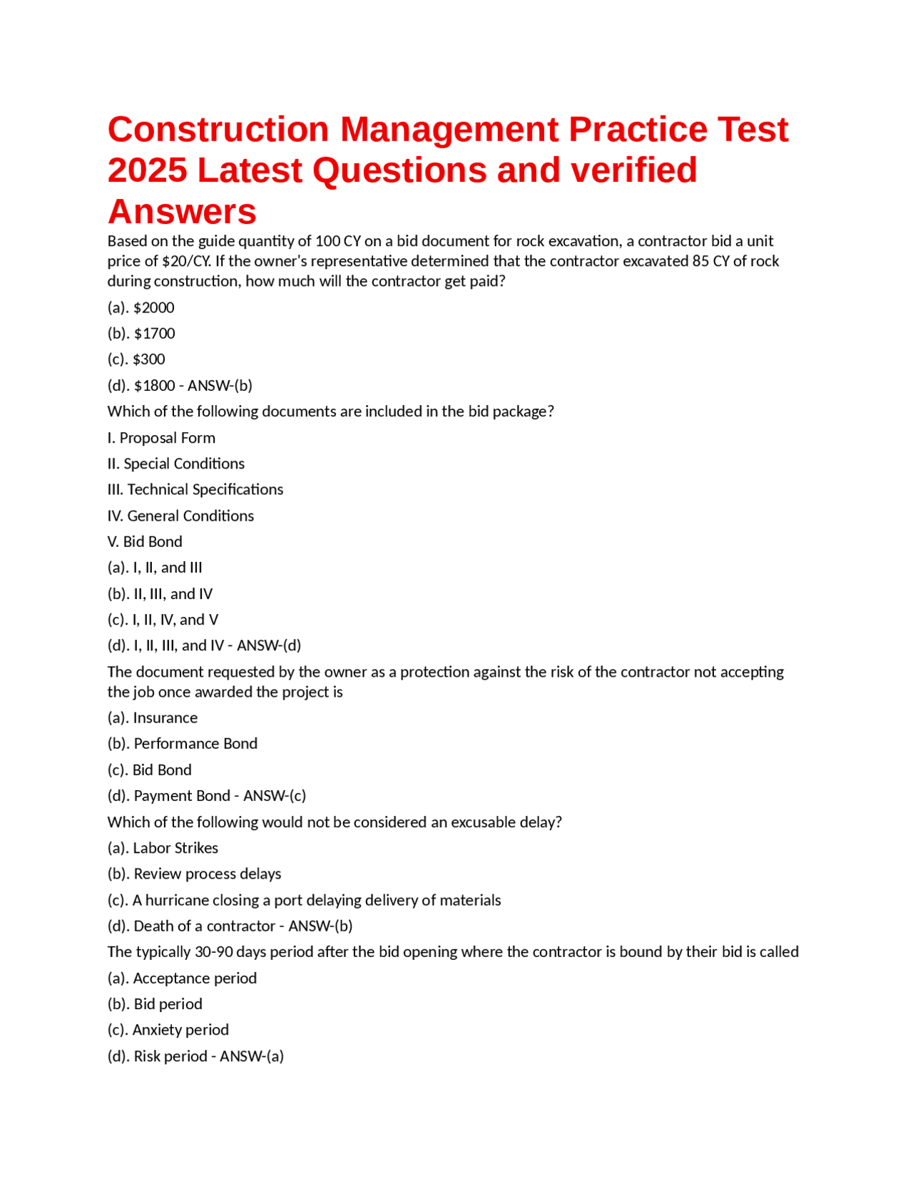 Construction Management Practice Test: Latest Questions and Answers ...