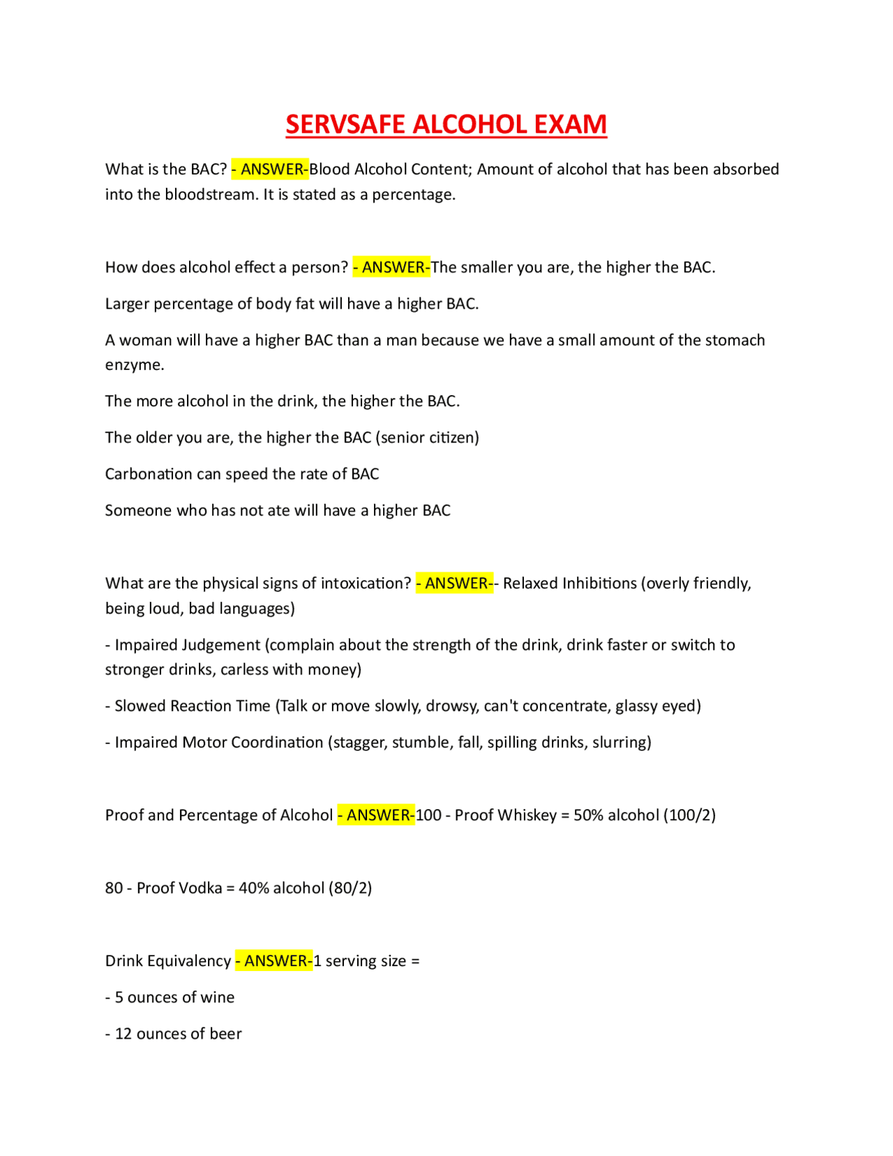 ServSafe Alcohol Exam Study Guide: Understanding BAC, Intoxication, and ...