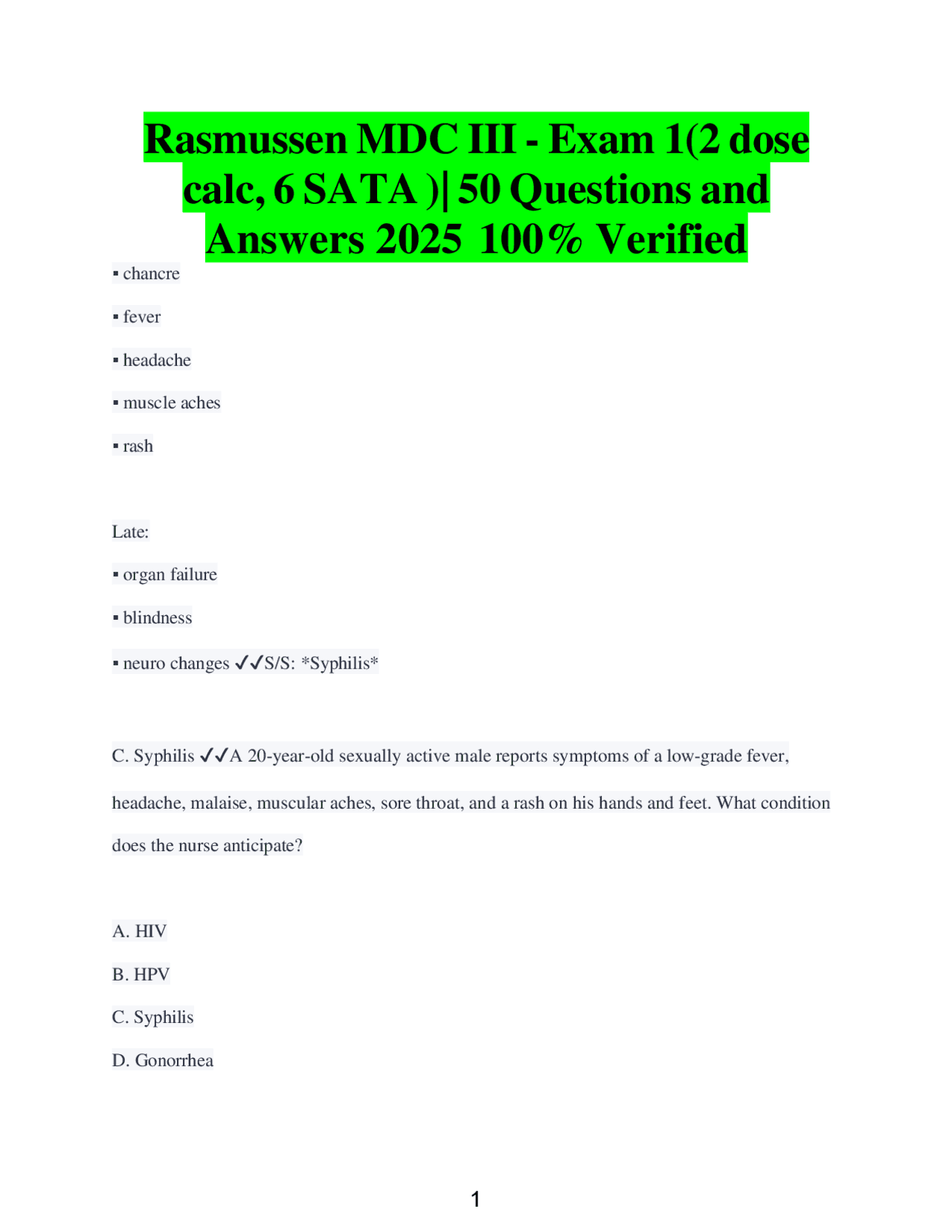 Rasmussen MDC III- Exam 1(2 dose calc, 6 SATA )| 50 Questions and ...