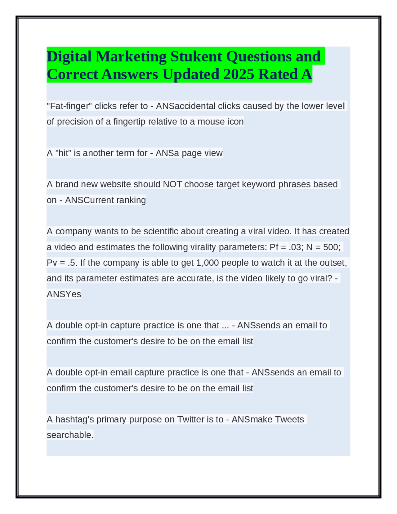 Digital Marketing Stukent Questions and Correct Answers Updated 2025 ...