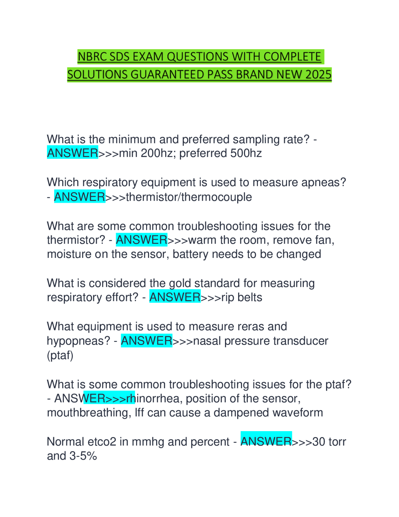 NBRC SDS Exam Prep: Questions and Answers for Sleep Disorders Specialist  Certification | Exams Nursing | Docsity