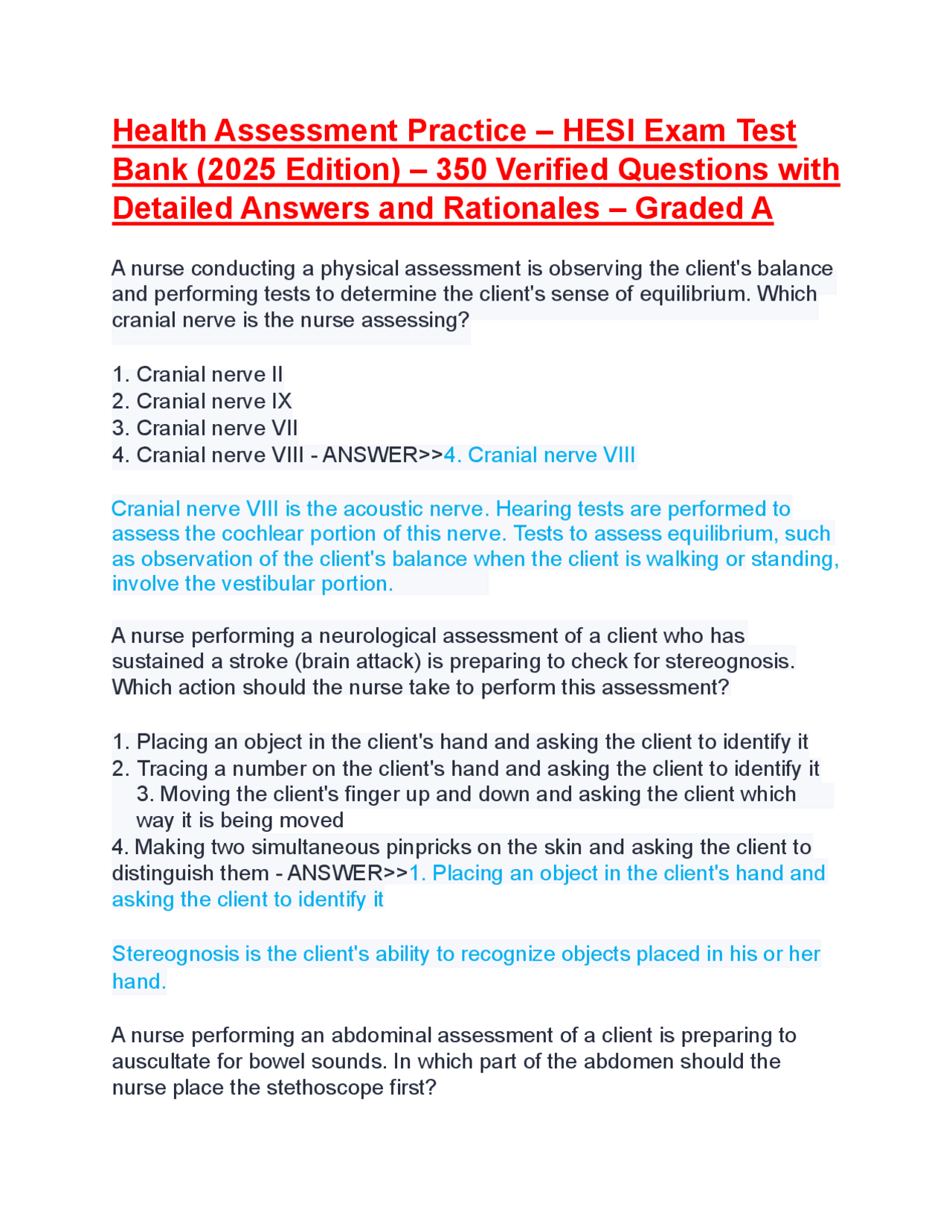 Health Assessment Practice – HESI Exam Test Bank (2025 Edition) – 350 ...